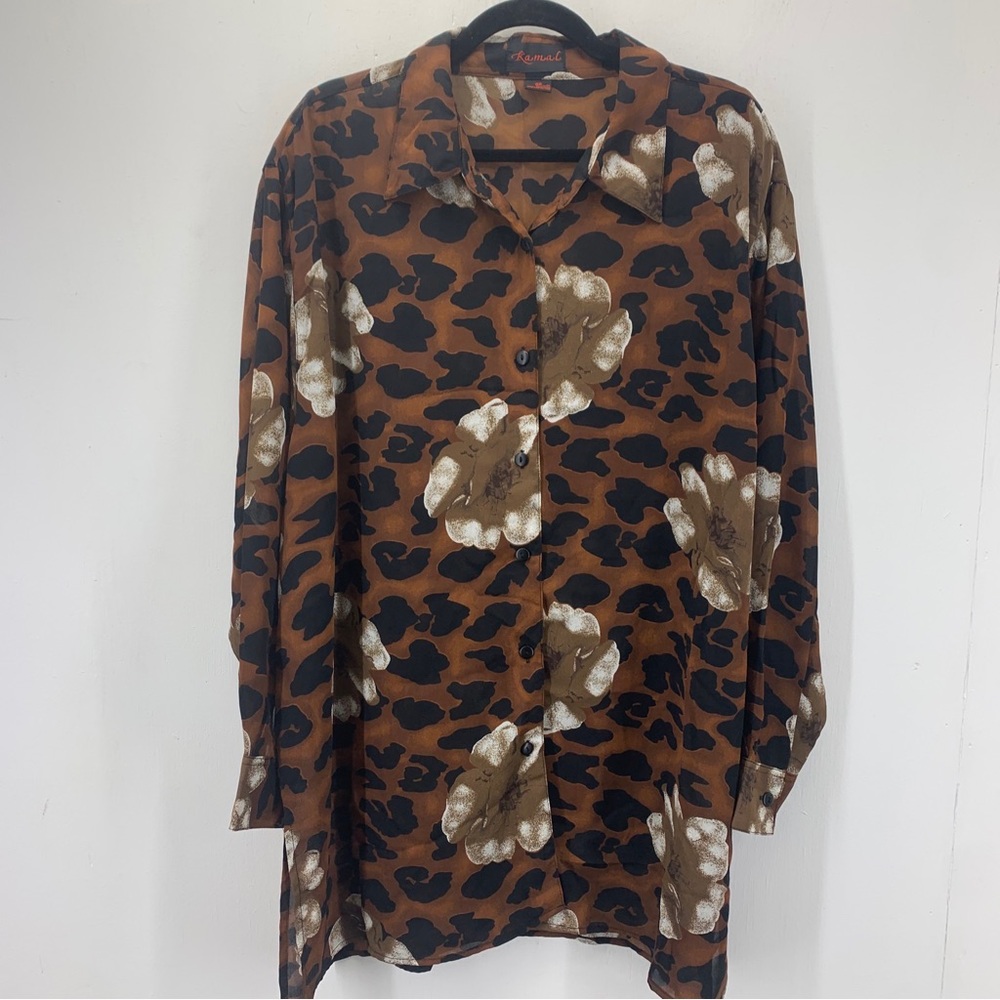 Kamal Womens 24 Blouse Tunic Floral Animal Print Side Slit Flowy Vintage Artsy